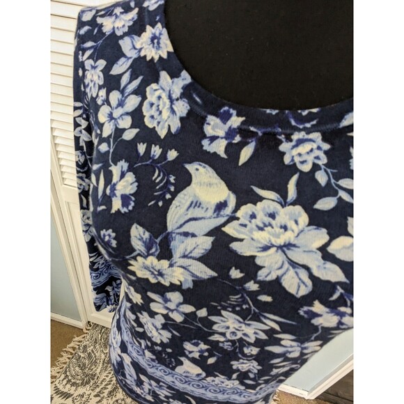 Talbots Sweater Women's sz P (XS) Petite India Ink Blue Bird Floral Toile Scoop - Picture 4 of 13